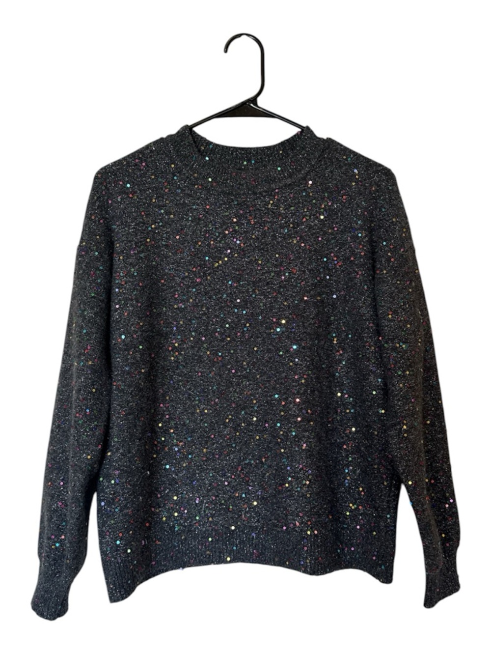 LOFT Charcoal Gray Crewneck Sweater with Multicolor Sequins